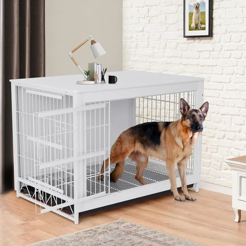 Vista 8 de TLSUNNY Muebles de jaula para perros, mesa auxiliar auxiliar de madera de 44.1 pulgadas, moderna perrera con puertas dobles, jaula resistente