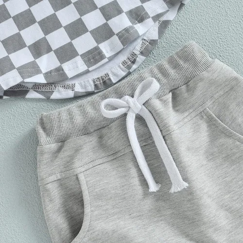 Vista 19 de Conjunto de ropa de verano para bebé niño y niño, diseño a cuadros, manga corta, sudadera con capucha y pantalones cortos casuales
