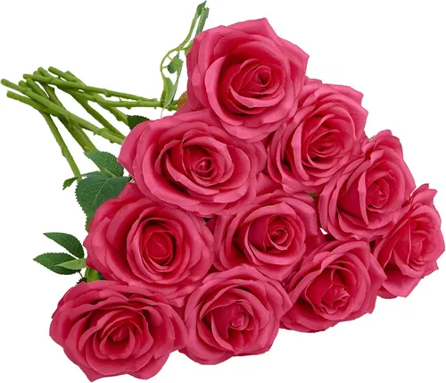 Vista 21 de 10 rosas artificiales abiertas, tallos de rosas artificiales para arreglos de boda, ramo de novia, centro de mesa, flores de seda sintética falsas