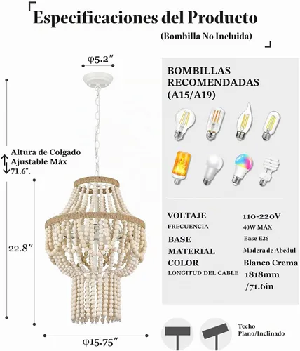 Vista 4 de ELYONA Candelabro grande de madera de abedul con cuentas de 3 luces, 16 pulgadas, estilo bohemio, estilo granja, luz colgante rústica, lámpara