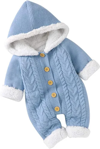 Vista 2 de puseky Mameluco de vellón de punto para bebé recién nacido, con capucha, de una pieza, para exteriores, Azul Patchwork, 0-6 meses