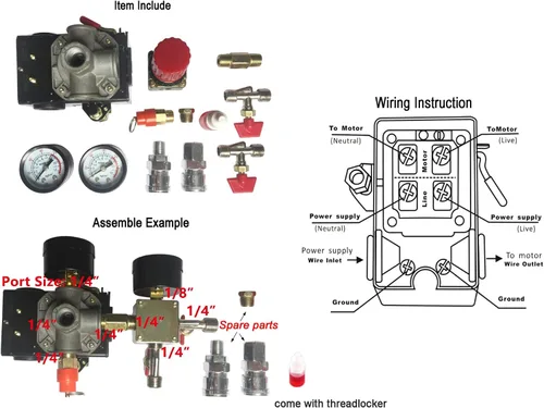 Vista 3 de Secbolt Válvula de control de presión de aire con manómetro regulador múltiple Compresor de aire con presostato y válvula de control de presión