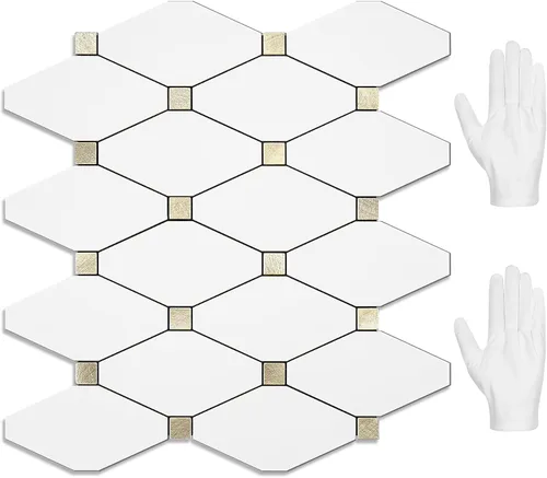 Vista 29 de STICKGOO 1 hoja de salpicaduras de pared para despegar y pegar, adhesivos de azulejos compuestos de aluminio Calacatta, salpicaduras autoadhesivas