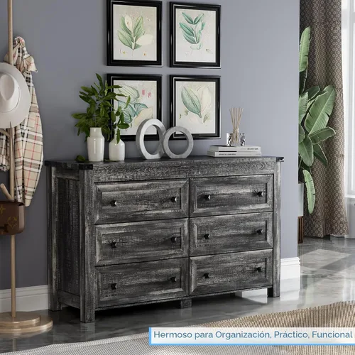 Vista 2 de Cómoda de 6 cajones para dormitorio, cómoda de 47.3 pulgadas de ancho, gris Negro