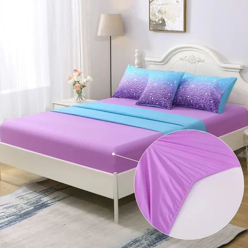 Vista 5 de JQinHome Juego de edredón con purpurina, tamaño individual, juego de ropa de cama en una bolsa de 6 piezas en 3D colorido degradado para niñas