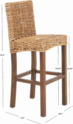 Vista 3 de SAFAVIEH Furniture - Taburete de bar Tobie Rattan - Altura del asiento de 29.53 pulgadas - Marrón miel lavado - Madera de mango - Diseño de asiento
