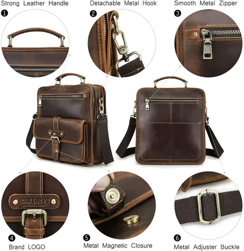 Vista 5 de Contacts Crazy Horse - Bolsa de mensajero de cuero para hombre de 12.9 pulgadas, bolsa para iPad con asa, bolsa de hombro cruzada, maletín vintage
