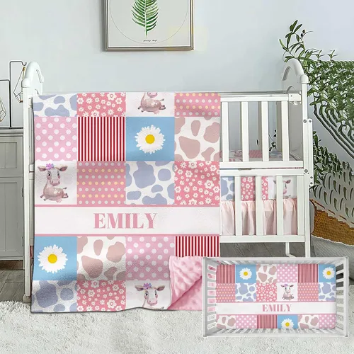 Vista 9 de Juego de ropa de cama personalizado para cuna de bebé, edredón de cuna con nombre personalizado, ropa de cama de guardería de vehículos de Vehículo