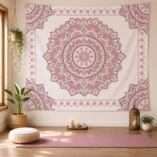 Vista 5 de Atrippy Tapiz de pared bohemio con mandala rosa para dormitorio, tapiz estético blanco y rosa, decoración de habitación para adolescentes y niñas