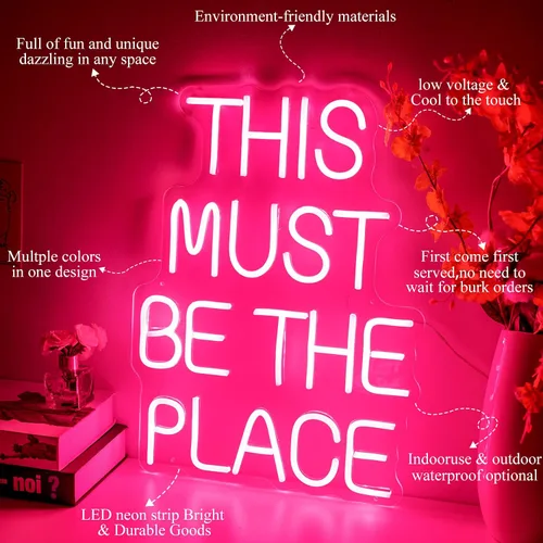 Vista 2 de Letrero de neón con texto en inglés «This Must Be The Place» para decoración de pared para bodas, aniversarios, fiestas, dormitorio (rosa)