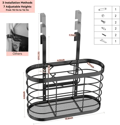 Vista 2 de Organizador de herramientas para el cabello 3 en 1 - Organizador de baño ajustable en altura para montar en pared/puerta de gabinete, debajo