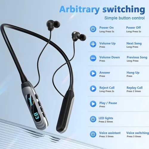 Vista 6 de MZYML - Auriculares Bluetooth con banda para el cuello 5.4, IPX5 impermeables con micrófono, 80 horas de reproducción, 1000 horas de espera