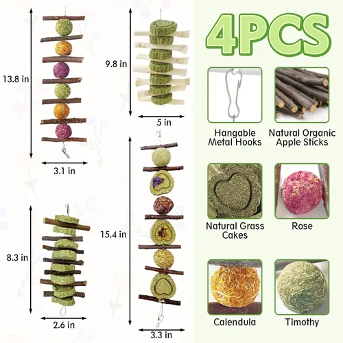 Vista 2 de Hamiledyi 4 juguetes masticables de conejo, juguetes para moler dientes, palitos de frutas naturales, pasteles de hierba Timothy orgánicos, juguetes