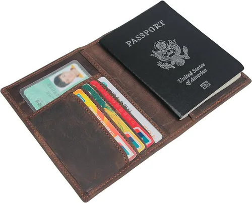 Vista 7 de Cartera plegable de viaje con bloqueo RFID de cuero genuino para pasaporte, Marrón oscuro, Cartera Rfid