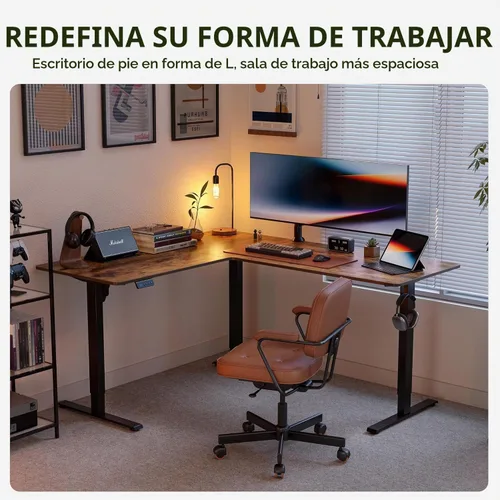 Vista 4 de FEZIBO Escritorio de pie en forma de L de 63 pulgadas, escritorio de esquina ajustable en forma de L, escritorio ajustable en forma de L con tablero