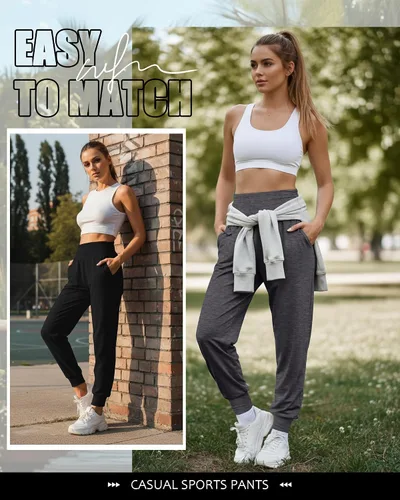 Vista 7 de Paquete de 2 pantalones deportivos de yoga para mujer, cómodos pantalones deportivos con bolsillos, casuales, holgados, cómodos y de cintura alta