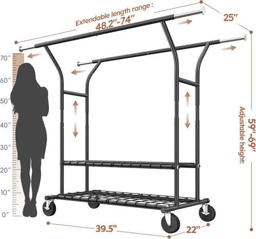 Vista 8 de Raybee Perchero de 74 pulgadas de ancho con carga de 630 libras, percheros para colgar ropa, perchero ajustable de alta resistencia, perchero