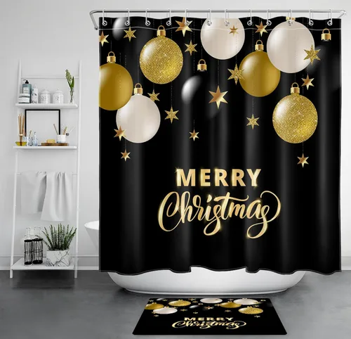 Vista 14 de LB Cortina de ducha de Feliz Navidad, bola de Navidad blanca y dorada sobre cortina de ducha negra para baño, 60 x 72 pulgadas, tela de poliéster