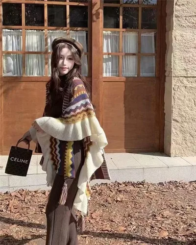 Vista 2 de LKYLIVE Capa de cuello alto para mujer con botón sin manga, elegante poncho de tela a cuadros con clase