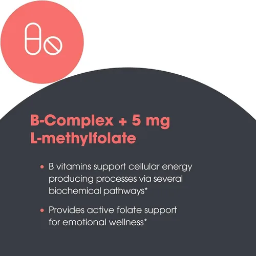 Vista 5 de MethylPro B Complex + L-metilfolato 5 mg - Mezcla de vitaminas metiladas biodisponibles - Apoya la energía y el estrés - Vegetariano e