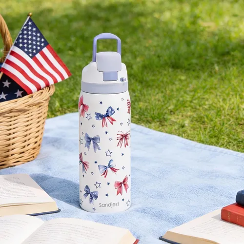 Vista 7 de Botella de agua de acero inoxidable con bandera estadounidense, aislada al vacío, tapa de botón, 32 onzas, regalos para patriota 4 de julio