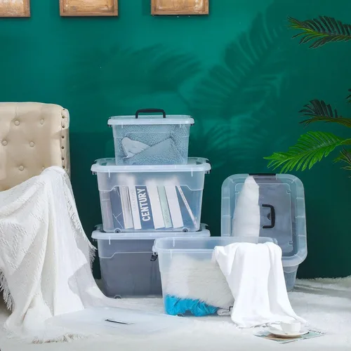Vista 5 de Sadnyy Paquete de 4 cajas de almacenamiento de plástico transparente apilables de plástico con tapas de pestillo y ruedas, cajas grandes