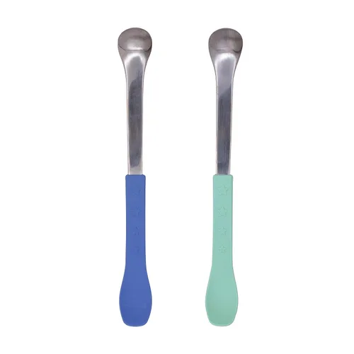 Vista 2 de Nuby Cucharas de alimentación seguras y calientes 2 en 1 (paquete de 8) cucharas para bebés de 6 meses en adelante, color azul y aguamarina
