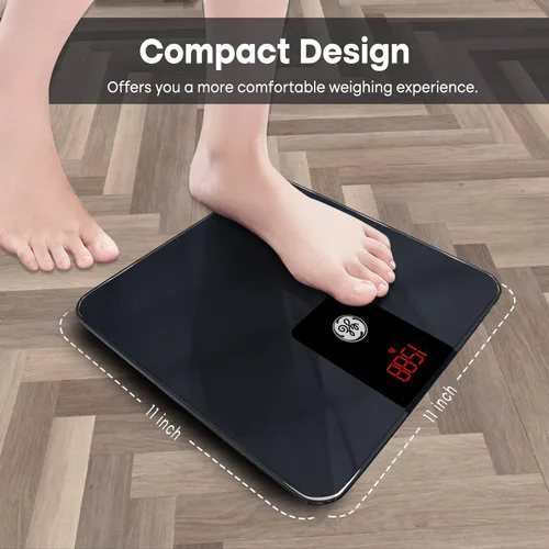 Vista 4 de GE Báscula digital para el baño para pesarse, báscula inteligente Bluetooth para peso corporal y IMC, báscula electrónica negra para baño y hogar