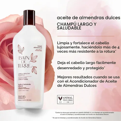 Vista 3 de Bain de Terre Champú largo y saludable con aceite de almendras dulces, fuerza y protección para cabello débil y dañado, con aceites de argán
