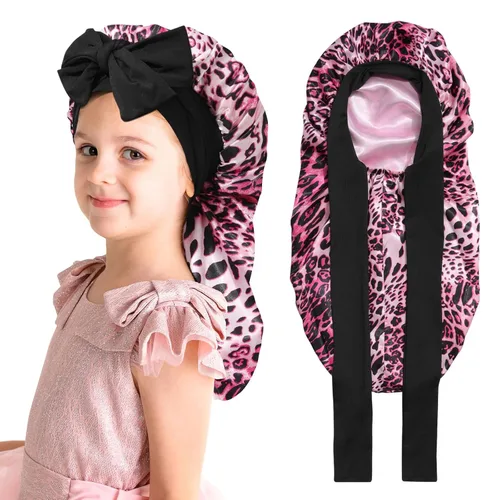 Vista 10 de Gorro de pelo largo para niños para dormir - Gorro de satén elástico de doble capa para niñas con banda de amarre para cabello trenzado y rizado
