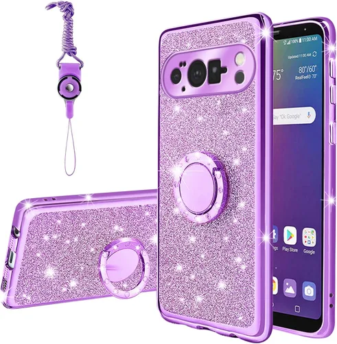 Vista 34 de Funda compatible con Google Pixel 6 Pro para mujer, con purpurina, suave, elegante, transparente, TPU de lujo, bonita funda protectora con correa