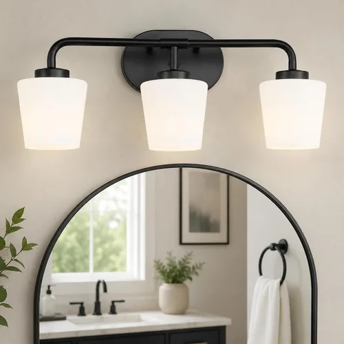Vista 19 de AD-22004-2W-SN - Lámparas de baño sobre espejo, 2 luces de níquel cepillado con vidrio blanco leche, apliques de pared vintage de granja