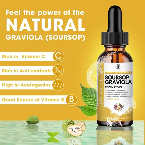 Vista 2 de iMATCHME Premium Guanábana Graviola para la Digestión, Apoyo para la Piel Saludable y el Sueño, Extracto de Guanábana Líquido en Gotas de Hoja