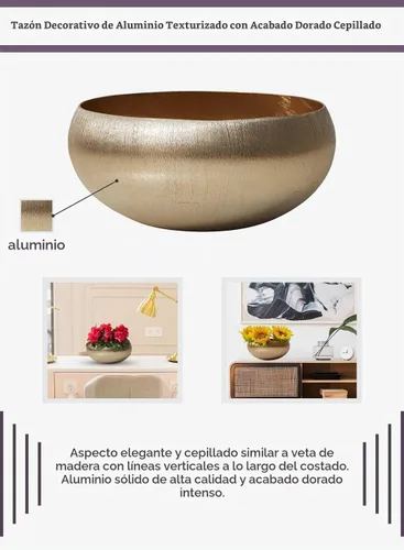 Vista 7 de Serene Spaces Living Cuenco decorativo de aluminio texturizado cepillado dorado, mide 8 pulgadas de ancho y 4 pulgadas de alto, perfecto