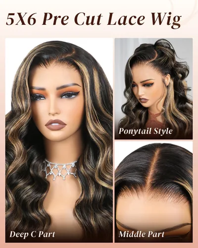 Vista 4 de Arabella - Pelucas de cabello humano sin pegamento de 6 x 5 con reflejos de encaje HD Balayage peluca de 18 pulgadas 1B/27 Ombre Lace Front Wigs