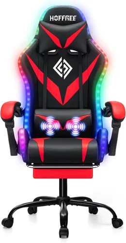 Vista 13 de HOFFREE - Silla para juegos con luces LED RGB estilo carreras, color azul azul+negro