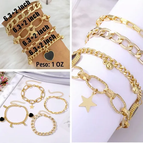 Vista 7 de IFKM Juego de 6 pulseras de cadena de oro bohemio para mujer, chapado en oro de 14 quilates, múltiples capas, apilables, abiertas, con eslabones