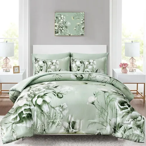 Vista 21 de Luxudecor Juego de edredón floral tamaño individual de 7 piezas, cama de flores aguamarina en una bolsa, elegante edredón floral degradado con juego