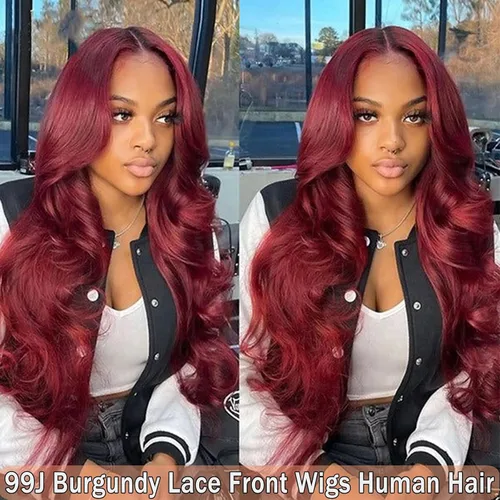 Vista 2 de 99J - Pelucas de cabello humano con encaje frontal transparente HD de 13 x 6 pulgadas, color burdeos, para mujer, densidad del 180%, color rojo