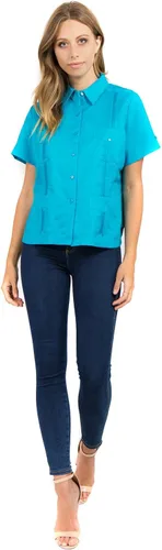 Vista 8 de Mojito Guayabera de manga corta 100% lino tradicional con cuatro bolsillos para mujer