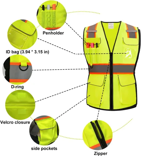 Vista 5 de Chaleco de seguridad reflectante Hi Vis, clase 2, con 7 bolsillos y cremallera, cumple con las normas ANSI/ISEA