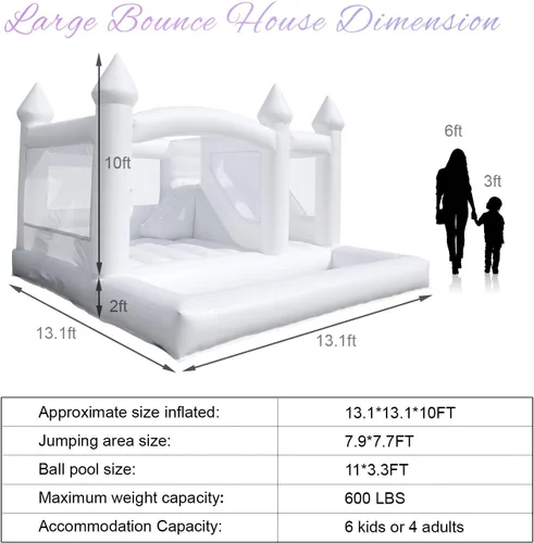 Vista 2 de Casa de rebote blanca comercial de 13 pies con pozo de bolas y tobogán, casa inflable 100% PVC para adultos y niños, casa de rebote para adultos