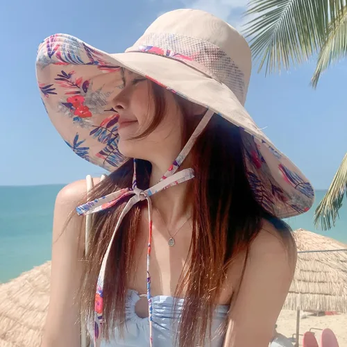 Vista 5 de Sombreros de sol de ala extra ancha de 6 pulgadas con protección UV UPF 50+ y correa para sombrero de playa para mujer