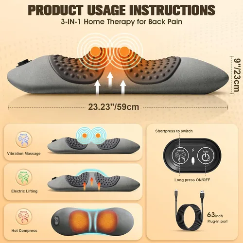 Vista 2 de Almohada de apoyo lumbar, masajeador de espalda triple fusión para Gris