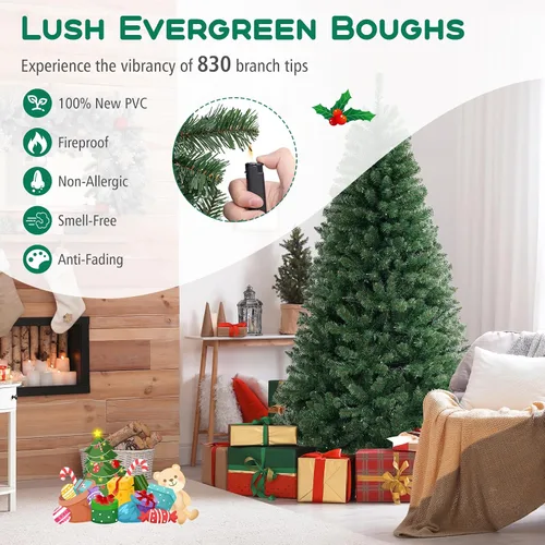 Vista 2 de DORTALA Árbol de Navidad artificial verde preiluminado de 7 pies, con bisagras, con 250 luces LED blancas cálidas, 8 modos de iluminación, 830
