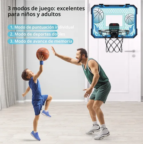 Vista 4 de VROGTIK Aro de baloncesto interior para niños con luces LED, mini aro de baloncesto con control remoto sobre la puerta, aros de baloncesto