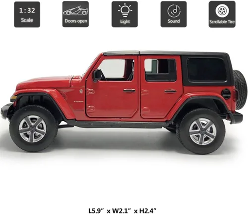 Vista 2 de Wrangler Sahara - Vehículo de juguete fundido a presión a presión de 4 puertas, vehículos de metal a escala 1/32, vehículos de metal fundido a Rojo