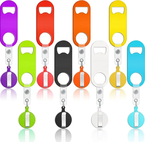 Vista 9 de Honoson 8 Piezas Abrebotellas Retráctil de Bartender Abridor de Cerveza Plano con Clips de Carrete de Insignia Redonda Soporte para Cocina