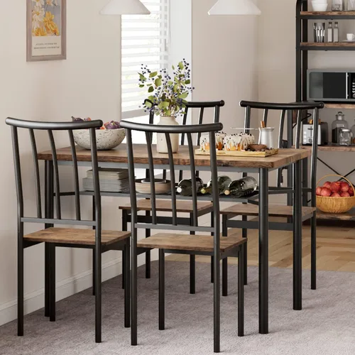 Vista 9 de Alkmaar Juego de mesa de cocina con 2 bancos tapizados para 4 personas, mesa rectangular de metal y madera para espacios pequeños, apartamento