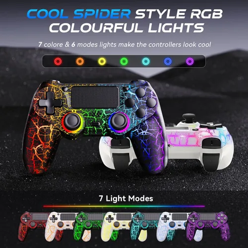 Vista 2 de Fanyooge Light-up Controller for PS4,2 Pack Crack Design Remote Control for Ps4 with RGB Light,Hall Effect Joystick,1000mAh Battery,Vibration,6-Axis